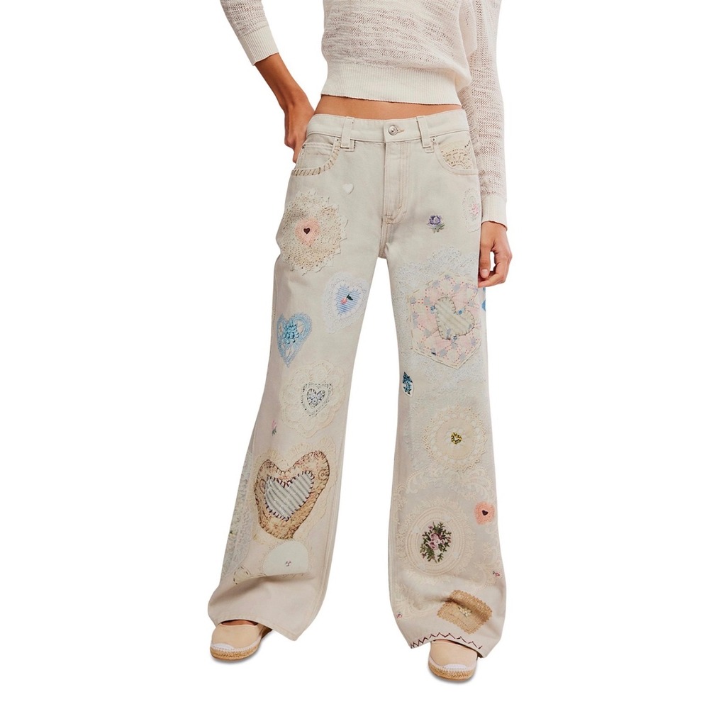 Free People‎ Illusions Patchwork Straight Leg Jeans Heirloom White Size 26 NWT
